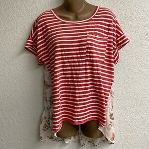 Umgee High/Low Top Red Striped Front Floral Sheer Back Blouse Women’s Size Small